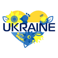 Ukrainian heart from ethnic flowers and lettering Ukraine