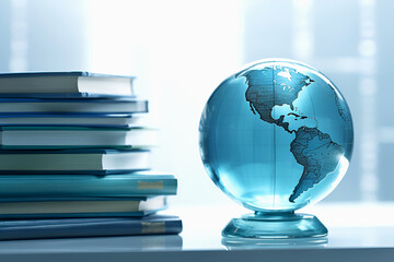 Blue globe and books in sunlight. Education concept. Studying maps and using geographic tools. Innovative educational materials. Tourism and travel