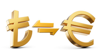 3d Golden Lira And Euro Symbol Icons With Money Exchange Arrows On White Background, 3d illustration