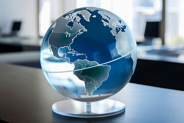 Transparent glass globe on stand on table on blue background. Education concept. Studying maps and using geographic tools. Innovative educational materials. Tourism and travel