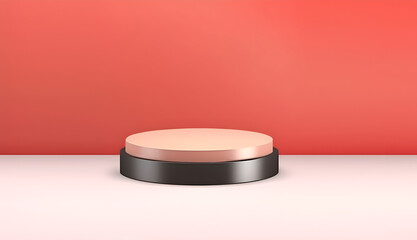 Abstract minimal concept. Modern peach black podium stage platform display on coral orange background room. Mock up template for product presentation. 3D rendering. copy text space	
