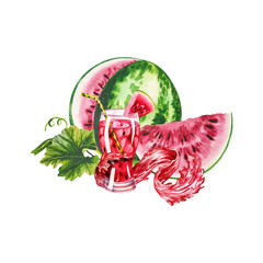 Sliced watermelon with slice and fresh juice in a glass. Watercolor hand drawn illustration. On a white background. For labels, packaging, banners. For textiles, prints and menus, cookbooks, flyers.