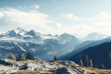 Fototapeta premium ai generated A view of the high peaks covered with snow and fog in the winter landscape.