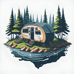 The van parked in forest. Camper van travel concept, for young and independent people who enjoy outdoor activities and have a passion for travel. Camping logo concept design. Van life