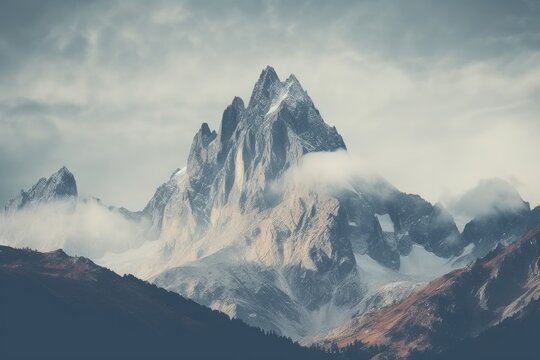 ai generated A view of the high peaks covered with snow and fog in the winter landscape.