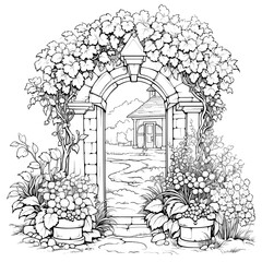 Romantic Secret Garden. Coloring Pages. Coloring Book for adults. Anti-stress colouring page with stone arches, bench, and plant in a pot. Freehand linear style. Vector in black and white. - 619513389