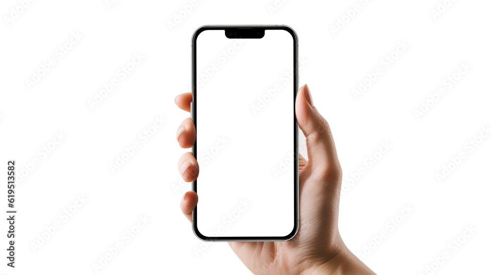 Poster high quality device mockup front view. woman and man hand holding the black smartphone with blank sc