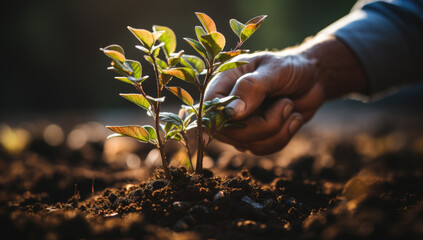 Fototapeta premium Planting the Seeds of Tomorrow: A Man Gently Places a Sapling in the Earth, Demonstrating His Passion for Nature's Care 