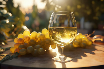 Glass of white wine and bunch of grapes on table in sunlight. Harvesting and viticulture concept. Growing organic grapes for the production of white wine. Harvesting grapes - obrazy, fototapety, plakaty
