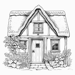 Cute English house black and white vector illustration for adult coloring. Retro style architecture cottage core style. Cozy home with chimney and roof scale. Line art medieval cottage. Detailed house