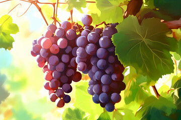Bunch of fresh ripe grapes hangs on bush in sunlight. Harvesting and viticulture concept. Growing organic grapes for the production of red wine. Harvesting grapes illustration