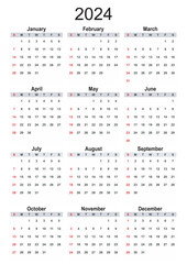 Calendar 2024 Year mockup. Annual Vertical template. First day Sunday. Classic simple minimal design. Black numbers on white background, red Sundays. English language. EPS10.