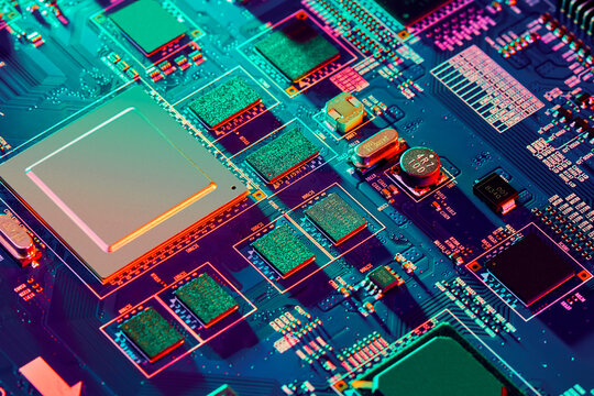 Electronic circuit board close up.	