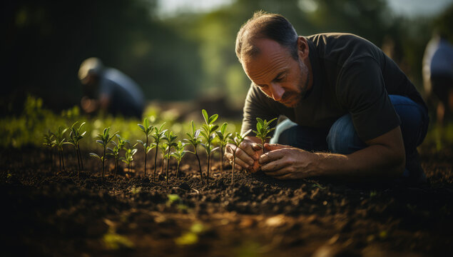 Planting the Seeds of Tomorrow: A Man Gently Places a Sapling in the Earth, Demonstrating His Passion for Nature's Care
