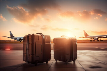 Fototapeta na wymiar Two suitcases on the airport tarmac at sunset. Travel concept. Generative AI