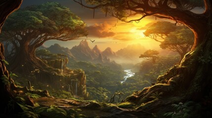 Fototapeta na wymiar Mysterious and beautiful scenery with vegetation game art