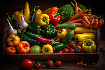 This close-up shot beautifully captures a delightful display of freshly harvested vegetables arranged in a rustic wooden crate or basket. Generative AI.