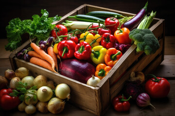 This close-up shot beautifully captures a delightful display of freshly harvested vegetables arranged in a rustic wooden crate or basket. Generative AI.