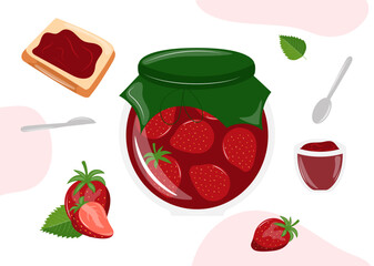 Strawberry jam on a white background. Illustration of jam jar, berries, spoon, toast, bowl. Vector food illustration in flat style.