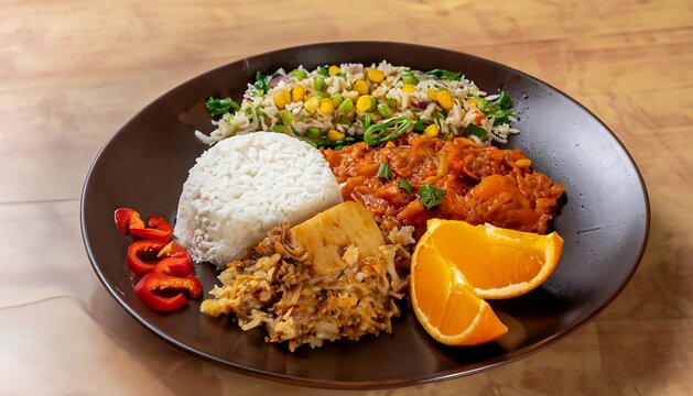 Rice, farofa, orange, and pepper are typical and traditional ingredients in Brazilian cuisine