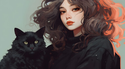lo-fi playlist illustration, beautiful girl wearing a black sweater , cat on her shoulder, manga aesthetic