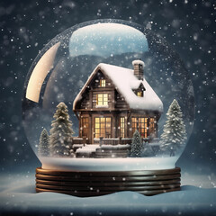 Snow globe with christmas house in the snow, 3d illustration