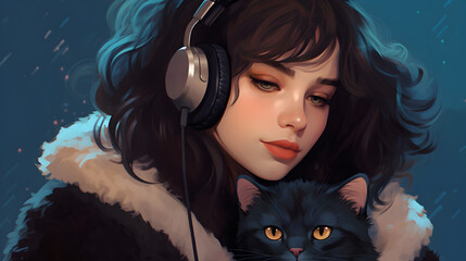 lo-fi playlist illustration, beautiful girl wearing a black sweater, cat on her shoulder, manga aesthetic - obrazy, fototapety, plakaty