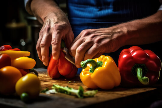 In this captivating shot, the camera focuses on a skilled chef's hand delicately holding a vibrant bell pepper, showcasing its remarkable texture and vibrant color. Generative AI.
