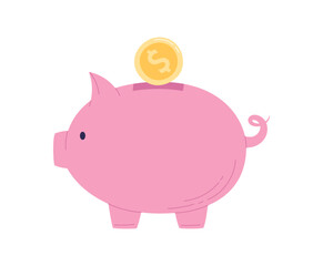 Piggy bank with coin. Saving and accumulation of money. Concept of banking services. Vector illustration in a flat style