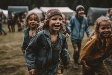 Generative AI illustration of joyful kids chasing each other while having fun playing together outdoors spending summer holidays at camp