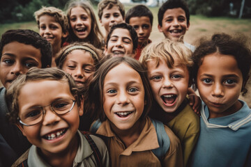 Generative AI illustration of multiethnic happy children laughing happily while having fun together outside looking at camera