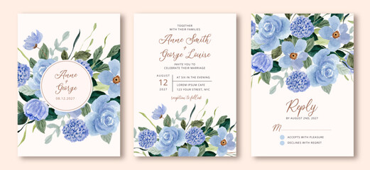 wedding invitation set with blue floral watercolor frame