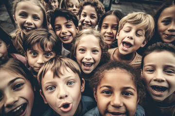 Generative AI illustration of cheerful multiethnic kids making funny faces and looking at camera while having fun together playing outside