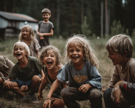 Generative AI illustration of happy kids crouching on dry grassy ground in countryside near trees while playing together during summer holidays
