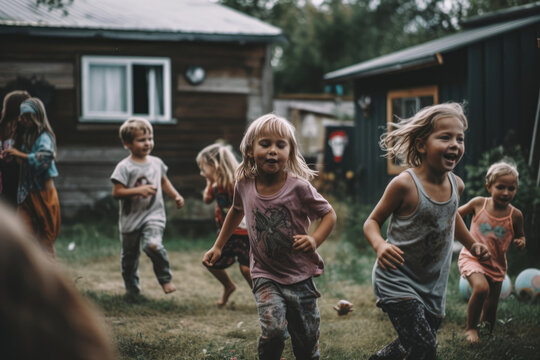 Generative AI illustration of joyful kids chasing each other while having fun playing together outdoors spending summer holidays at camp