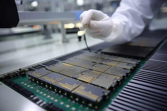 Generative AI illustration of crop scientist in protective gloves connecting many electronic circuit boards in lab against blurred background