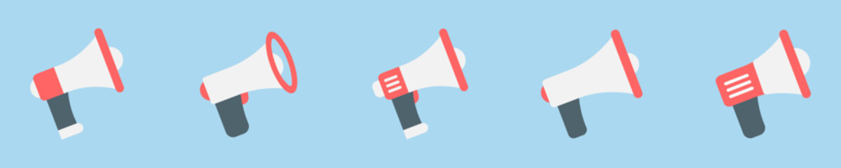 Set of megaphones icons vector set. Loudspeaker icon. Colored bullhorns on blue background. Vector 10 EPS.