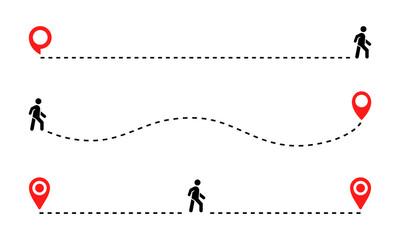 Set of person dashed routes. Distance from start to finish. Location person. People way. Pin point on map.