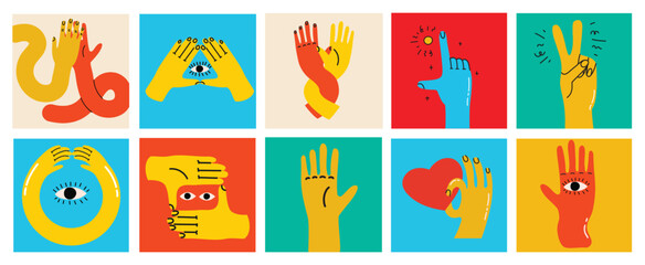 Groovy hippie set of colorful hands with different gestures. Hands with heart, eyes, together hands and etc. Hand drawn vector illustration.