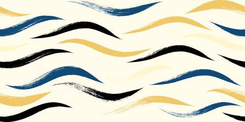 Seamless Wave Pattern, Hand drawn sea vector background. Wavy brush stroke, curly grunge paint lines, watercolor illustration