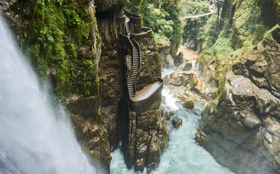 Amazing canyon with waterfall and green trees in forest