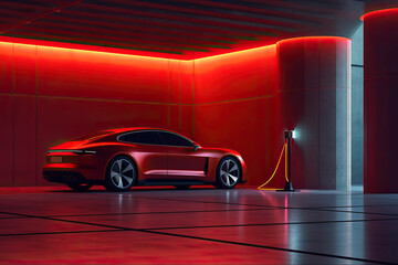 Generative AI illustration of contemporary red automobile parked near public charger in underground parking lot illuminated by neon light