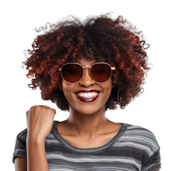 A woman with an afro hairstyle smiling and wearing sunglasses