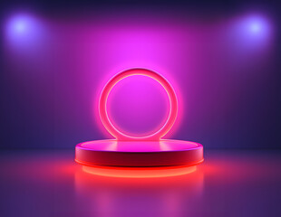Abstract minimal concept. Modern red pink purple neon podium stage platform display with glowing frame ring. Mock up template for product presentation with copy text space.