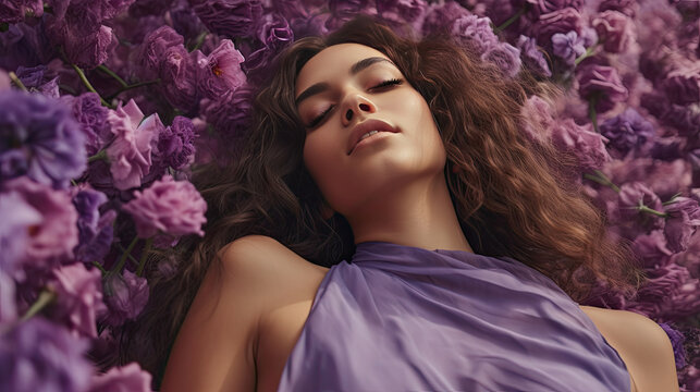 Generative AI image of portrait of young female with wavy hair looking at camera while lying on back on fresh purple blooming rose flowers in daylight
