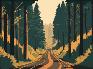 A painting of a road running through a forest flanked by rocks and trees. landscape forest.