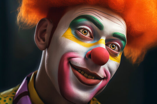 Generative AI image portrait of male clown bright makeup and redhead hair looking away while in room with blurred wall