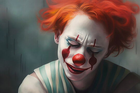 Generative AI image of portrait of melancholic clown bright with makeup and red hair sitting with eyes closed in daylight against blurred background