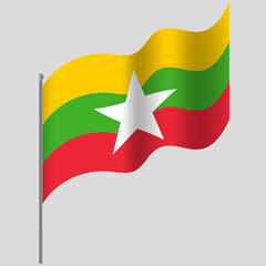 Waved Myanmar flag. Myanmar flag on flagpole. Vector emblem of Myanmar