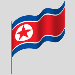 Waved North Korea flag. Korean flag on flagpole. Vector emblem of North Korea